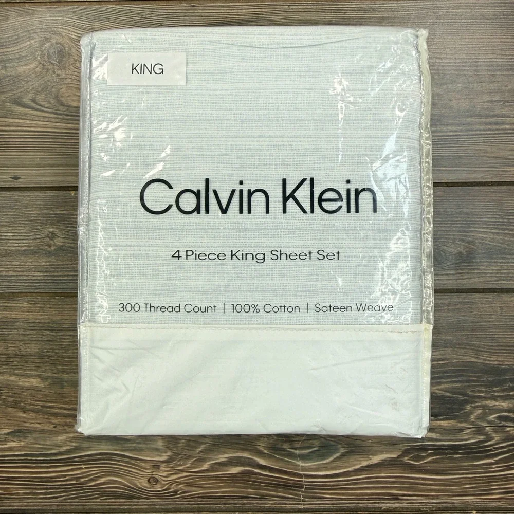 Calvin Klein King 4pc Sheet Set Stippled Wave Blue 300TC Cotton Sateen NEW